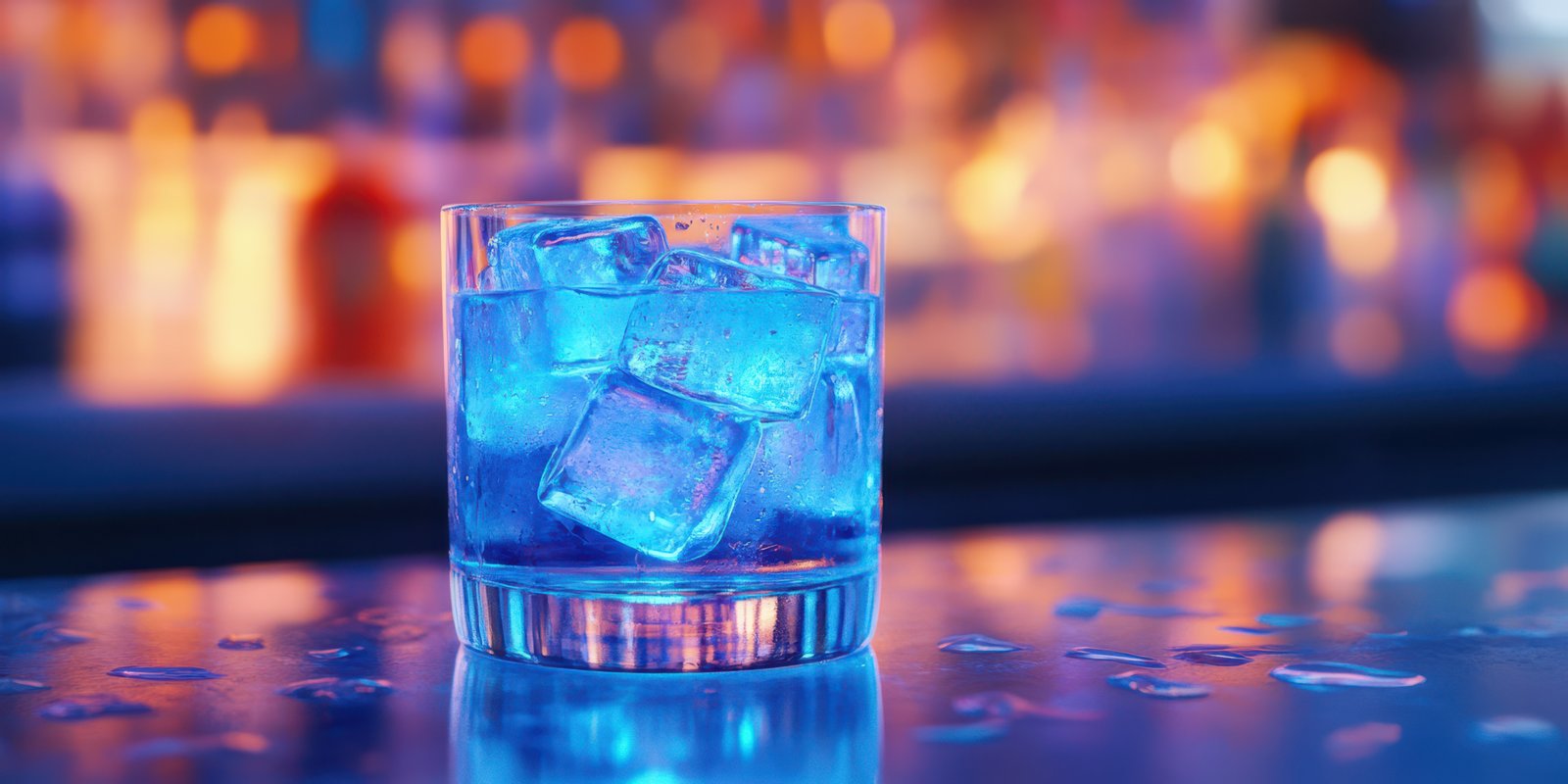 Colorful cocktail served with ice in a vibrant bar setting during the evening